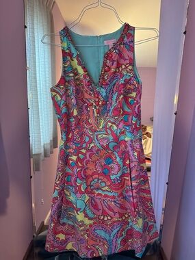 Lilly Pulitzer Sleeveless V-Neck Paisley Mini Dress in Pink, Turquoise, Yellow